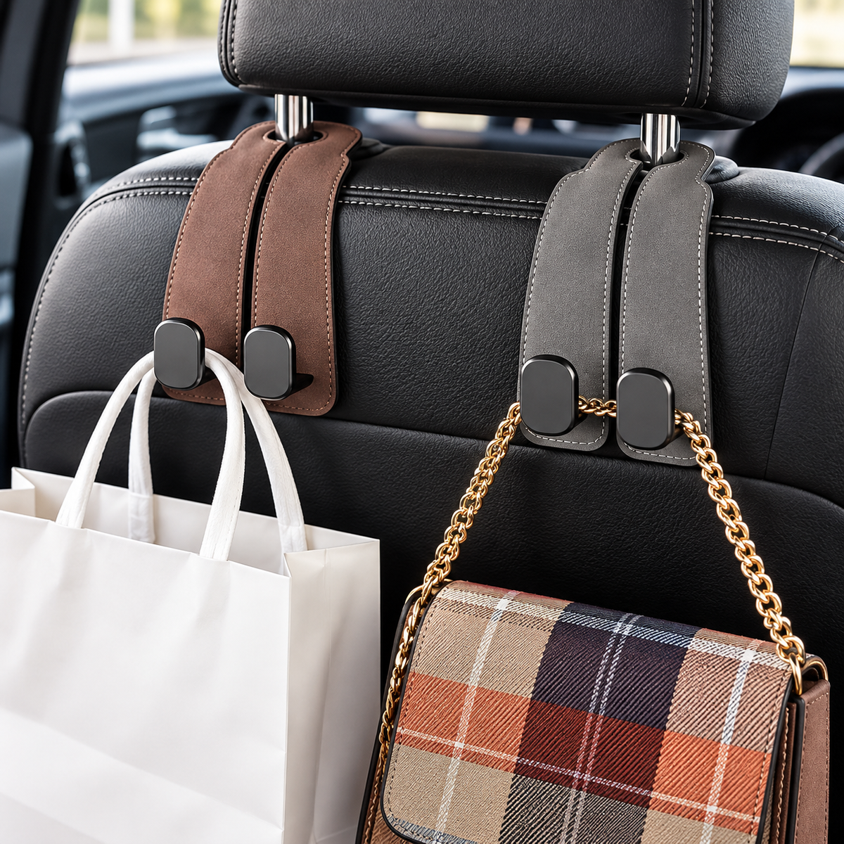 Two car seat back organizer hooks, one brown and one gray, hanging from a black car headrest. The brown hook holds a white paper shopping bag, and the gray hook holds a plaid shoulder bag with a gold chain.