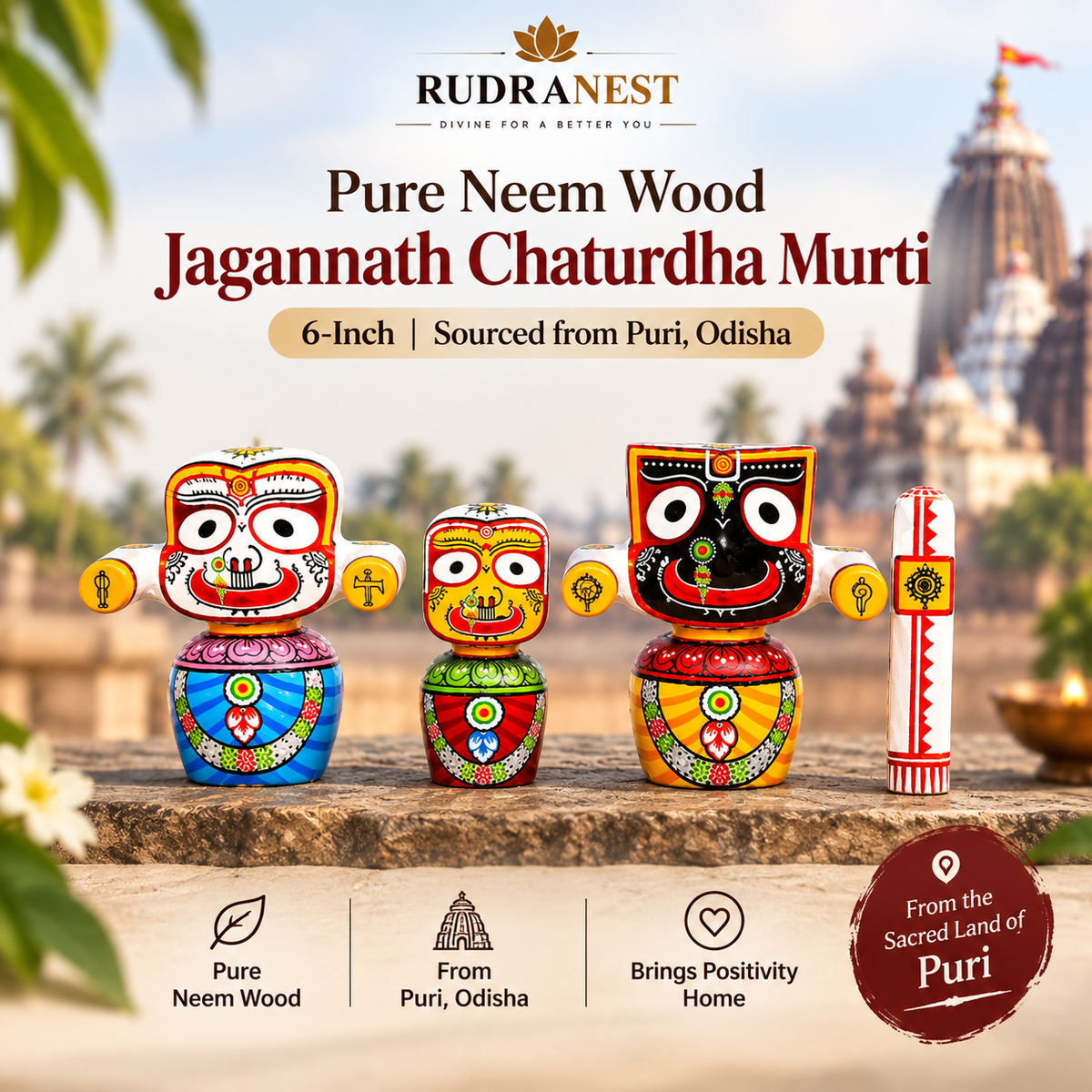 Three hand-painted wooden Jagannath Chaturdha Murts from Rudranest are displayed on a stone pedestal with a blurred temple background. The set includes a large red and yellow Murti, a smaller yellow and red Murti, and a smaller blue and yellow Murti, alongside a red and white decorative stick.