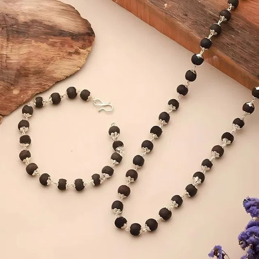 Silver-Plated Karungali Mala & Bracelet Combo | Spiritual Jewelry Set for Men & Women