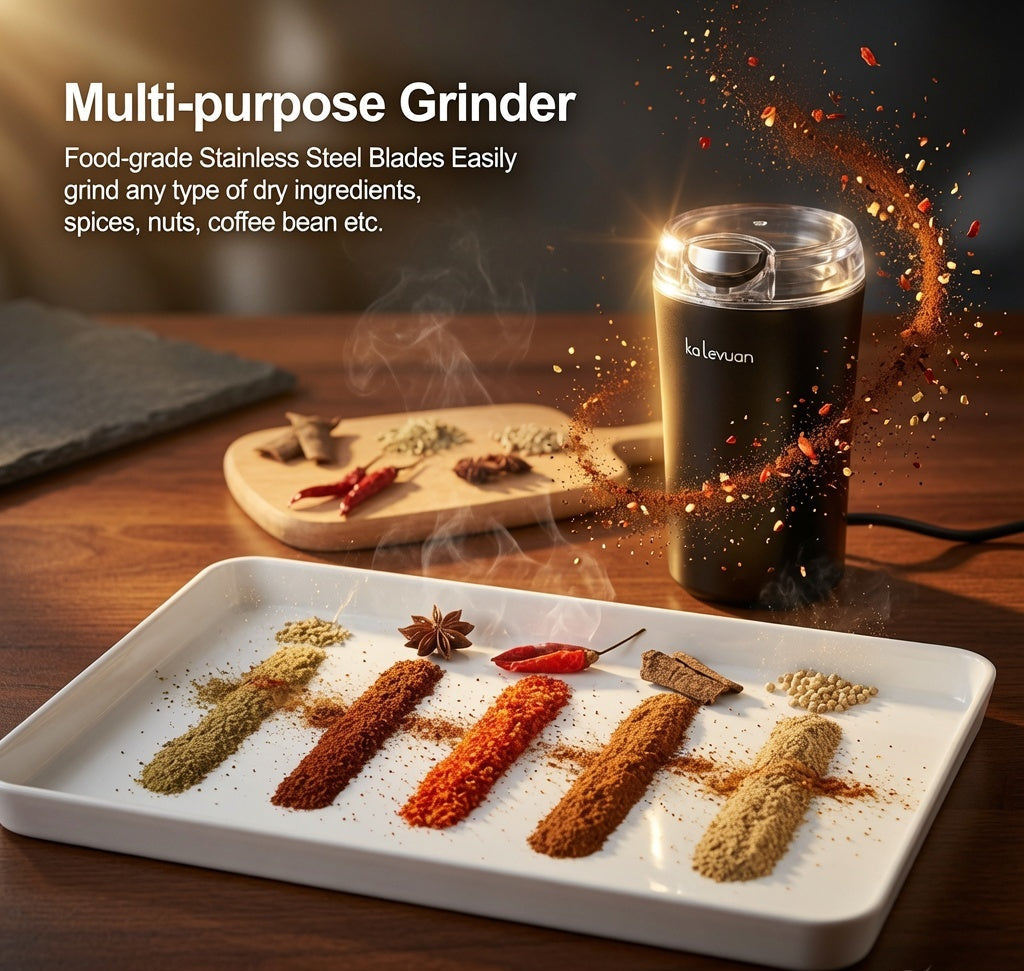 Multipurpose electric grinder for coffee beans, dry herbs, spices, nuts, and seeds.