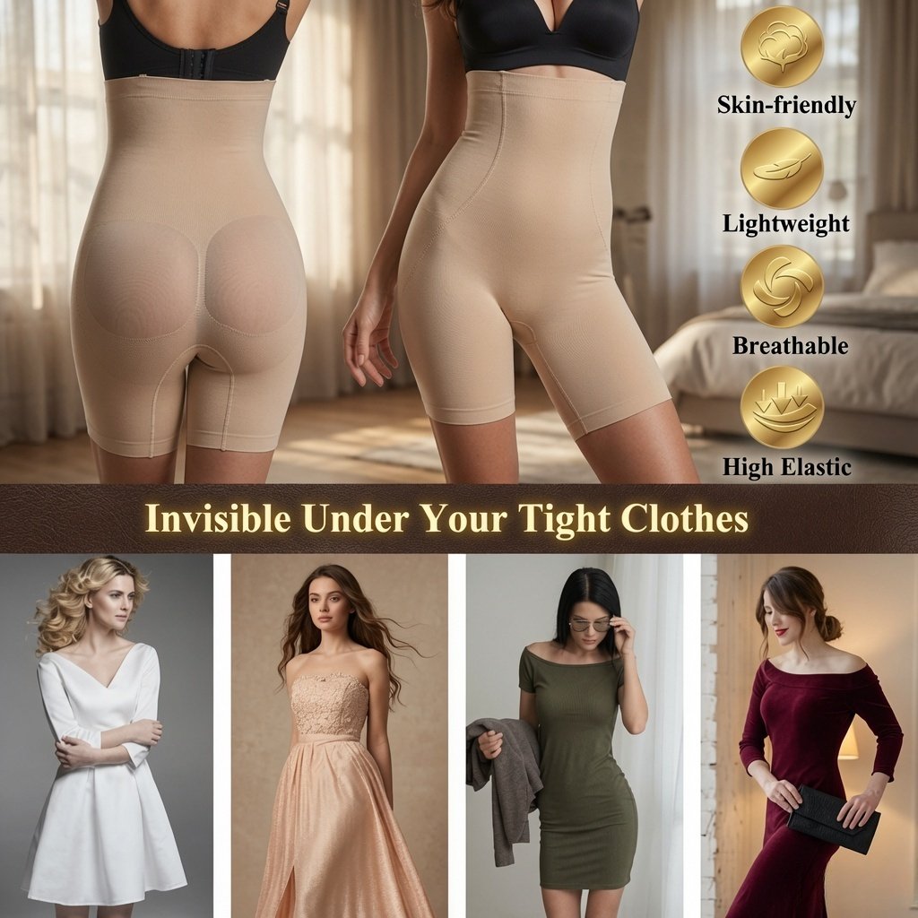 A promotional collage showing beige shapewear briefs worn by multiple models in indoor settings, with text reading 'Invisible Under Your Tight Clothes' and feature callouts including 'Skin-friendly,' 'Lightweight,' 'Breathable,' and 'High Elastic.'.