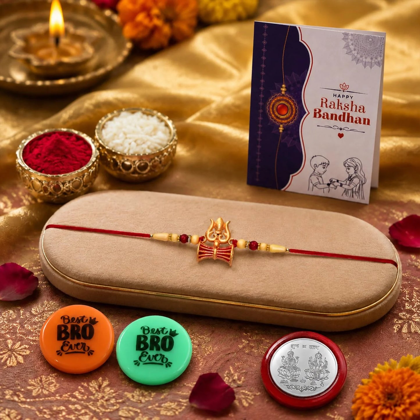 A traditional Indian Rakhi with a gold-toned kalash pendant and red thread is displayed on a beige velvet case. The scene is decorated for the festival of Raksha Bandhan, with a greeting card reading 'Happy Raksha Bandhan', three colorful 'Best in BRO' buttons, a diya, and decorative flowers on a gold patterned fabric background.