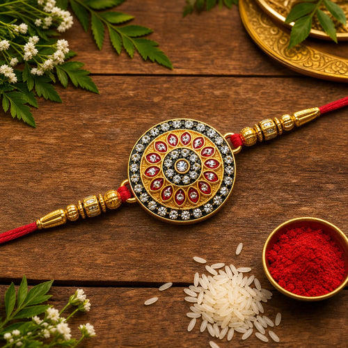 Decorative gold and red rakhi on a wooden surface with leaves and rice, traditional for the festival of Raksha Bandhan.