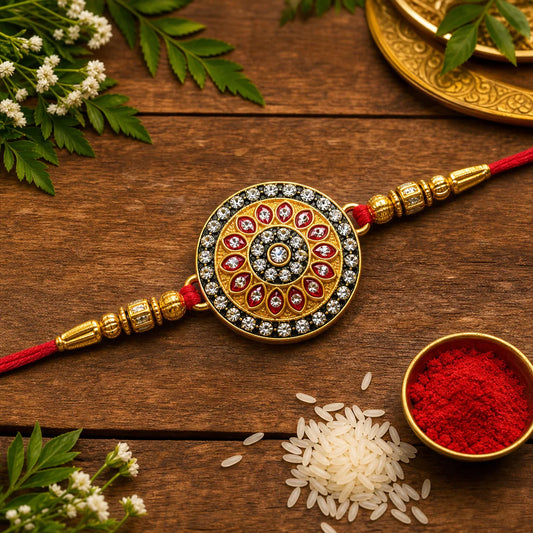 Decorative gold and red rakhi on a wooden surface with leaves and rice, traditional for the festival of Raksha Bandhan.