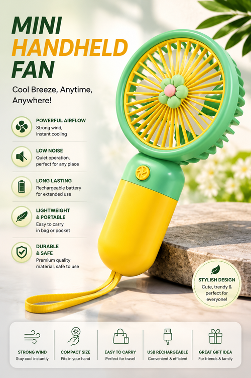 A green and yellow mini handheld fan with a flower-shaped center, shown on a stone surface with promotional text and feature icons on a light background.
