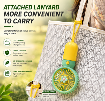A small handheld fan attached to a patterned tote bag with a yellow and green lanyard, shown in a lifestyle-style promotional graphic with text callouts and a blurred outdoor background.
