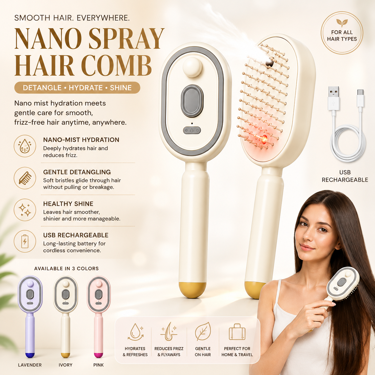 Nano Spray Hair Comb shown in a promotional graphic with multiple views, feature callouts, color variants, and a woman holding the device. The main product is a beige and gray hair comb with a round spray nozzle, and the image includes a USB charging cable and small lavender, ivory, and pink versions at the bottom.