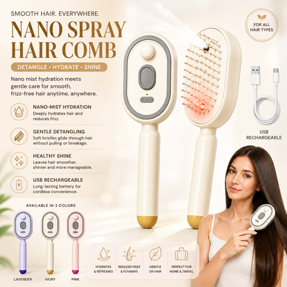 Nano Spray Hair Comb shown in a promotional graphic with multiple views, feature callouts, color variants, and a woman holding the device. The main product is a beige and gray hair comb with a round spray nozzle, and the image includes a USB charging cable and small lavender, ivory, and pink versions at the bottom.