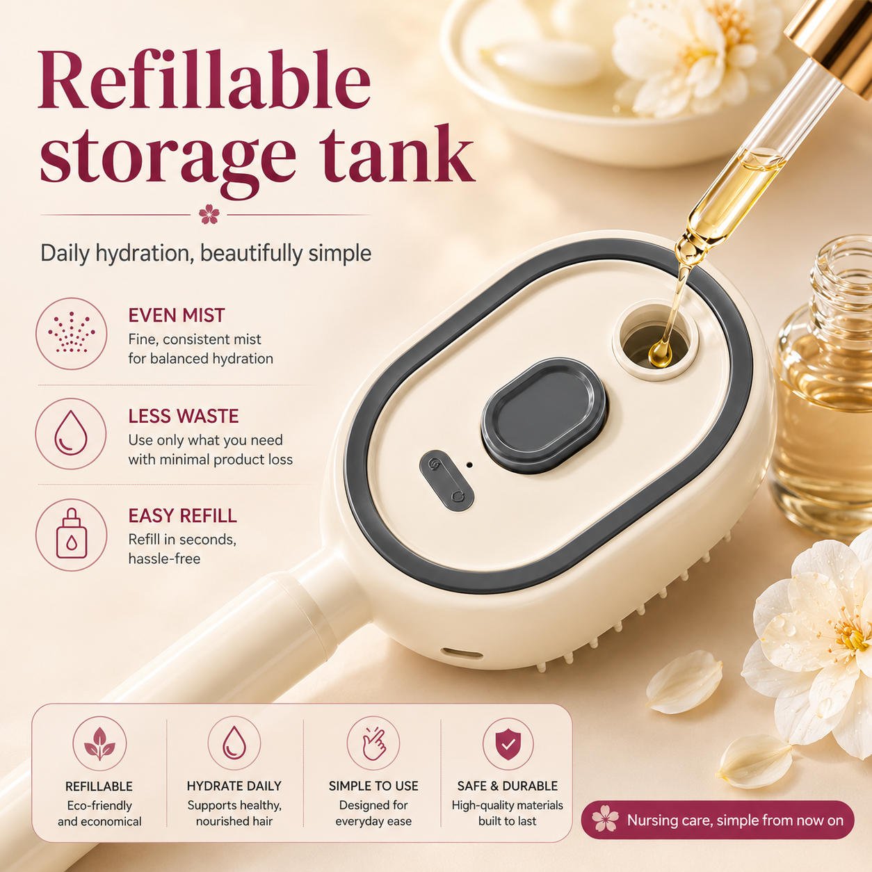 A beige and dark gray refillable storage tank hair mist bottle shown with a glass dropper pouring golden oil into the top opening. The image features promotional text highlighting benefits like 'EVEN MIST', 'LESS WASTE', and 'EASY REFILL', along with icons and a feature summary bar at the bottom, set against a warm beige background decorated with white flowers.