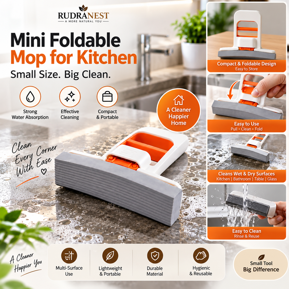 Mini Foldable Mop for Kitchen | Compact Multipurpose Cleaning Mop