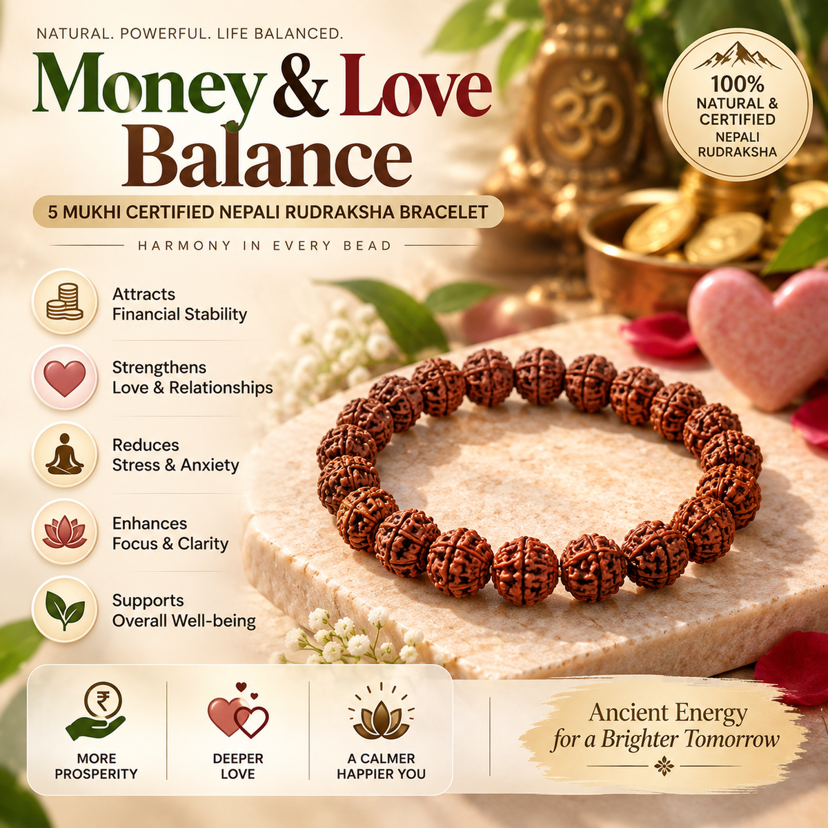 Money & Love Balance | 5 Mukhi Certified Nepali Rudraksha Bracelet