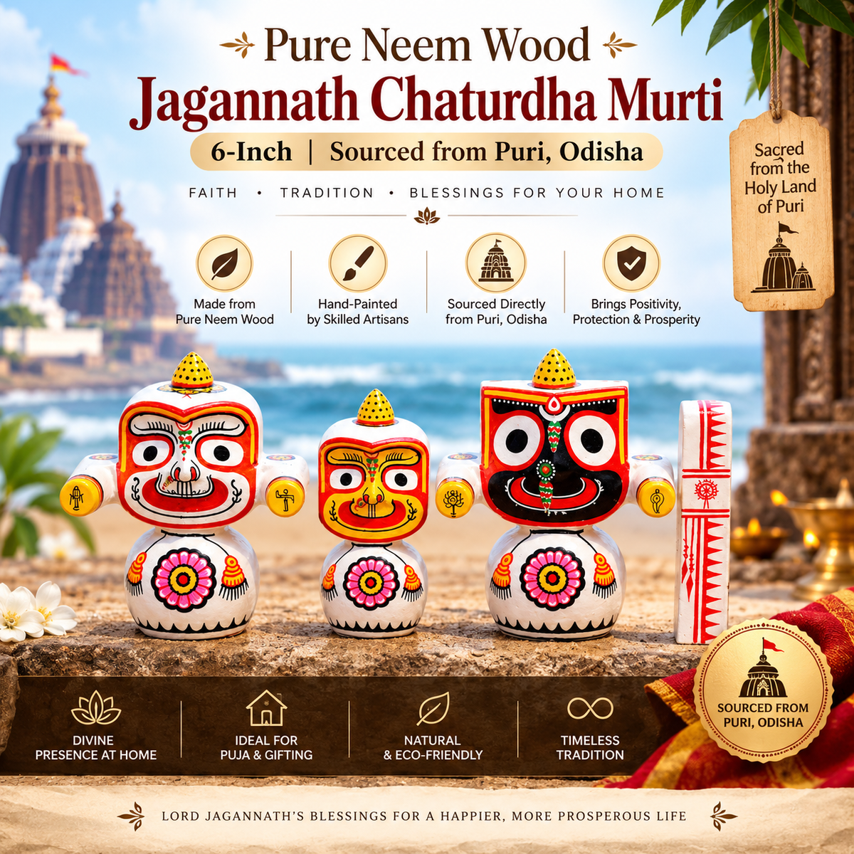 Three hand-painted wooden Jagannath Chaturdha Murti idols and a white cylindrical offering vessel on a stone surface, with a scenic backdrop of Puri, India. Text highlights 'Pure Neem Wood', '6-Inch', 'Sourced from Puri, Odisha', and product benefits.