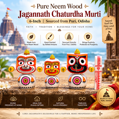 Three hand-painted wooden Jagannath Chaturdha Murti idols and a white cylindrical offering vessel on a stone surface, with a scenic backdrop of Puri, India. Text highlights 'Pure Neem Wood', '6-Inch', 'Sourced from Puri, Odisha', and product benefits.