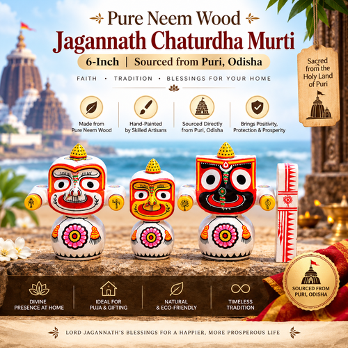 Three hand-painted wooden Jagannath Chaturdha Murti idols and a white cylindrical offering vessel on a stone surface, with a scenic backdrop of Puri, India. Text highlights 'Pure Neem Wood', '6-Inch', 'Sourced from Puri, Odisha', and product benefits.