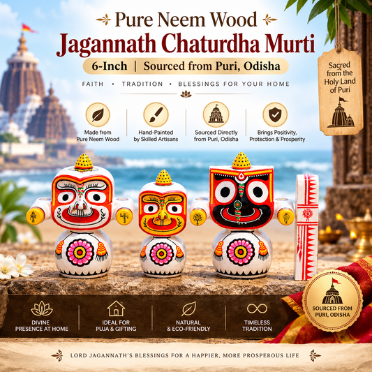 Three hand-painted wooden Jagannath Chaturdha Murti idols and a white cylindrical offering vessel on a stone surface, with a scenic backdrop of Puri, India. Text highlights 'Pure Neem Wood', '6-Inch', 'Sourced from Puri, Odisha', and product benefits.