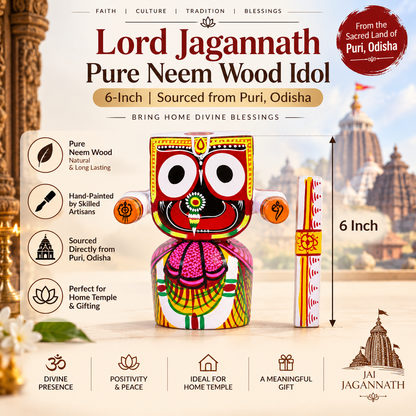 A colorful Lord Jagannath wooden idol shown standing next to its matching box on a decorative promotional background. The image includes text highlighting the product as a 6-inch pure neem wood idol from Puri, Odisha, with feature callouts and a 6-inch height marker.
