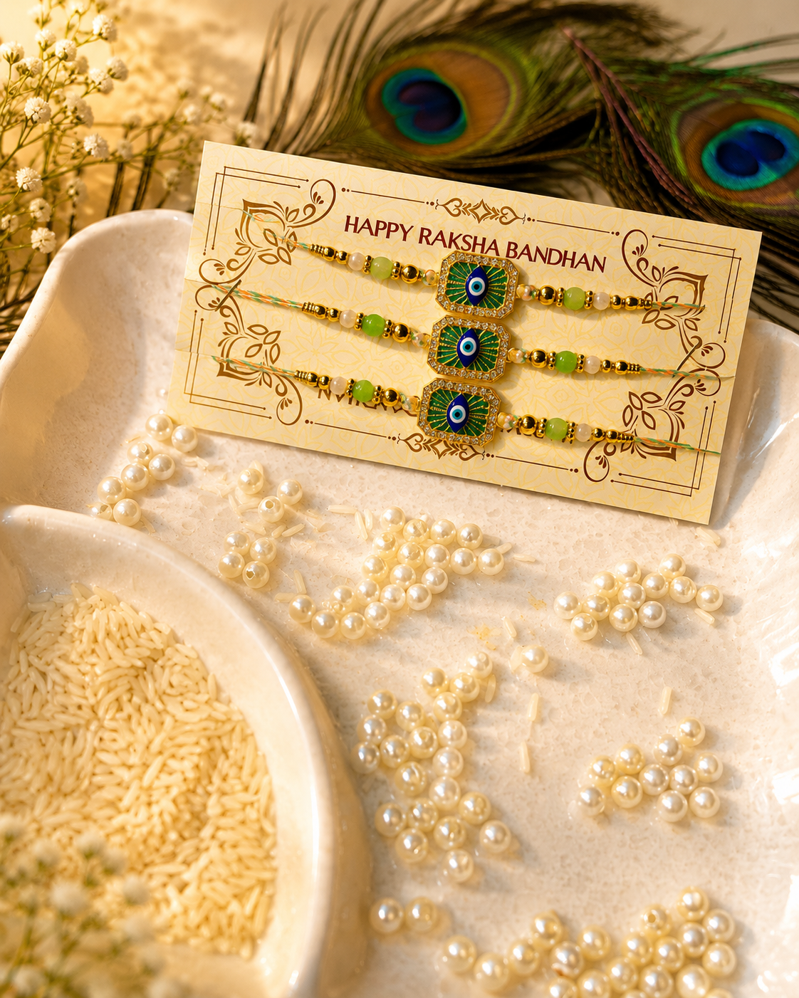 Three Rakhi bracelets displayed on a decorative cream card that reads 'HAPPY RAKSHA BANDHAN.' The card is placed on a tray with scattered pearl-like beads, rice, and peacock feather accents.