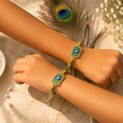 Two gold and green beaded bracelets with blue and white evil eye charms worn on a person's wrists, styled with a peacock feather and dried flowers on a marble surface.