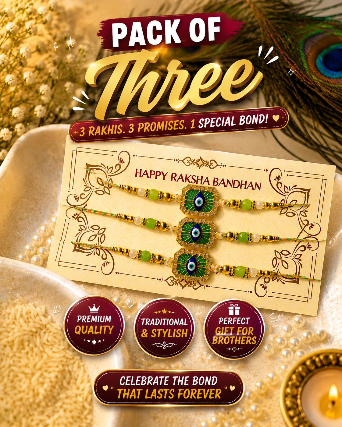 A promotional graphic for a 'Pack of Three' Rakhi bundle. The image shows three traditional Indian Rakhi wristlets with green and gold patterns, mounted on a decorative cream card that reads 'Happy Raksha Bandhan'.