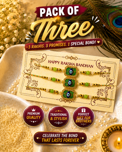 A promotional graphic for a 'Pack of Three' Rakhi bundle. The image shows three traditional Indian Rakhi wristlets with green and gold patterns, mounted on a decorative cream card that reads 'Happy Raksha Bandhan'.