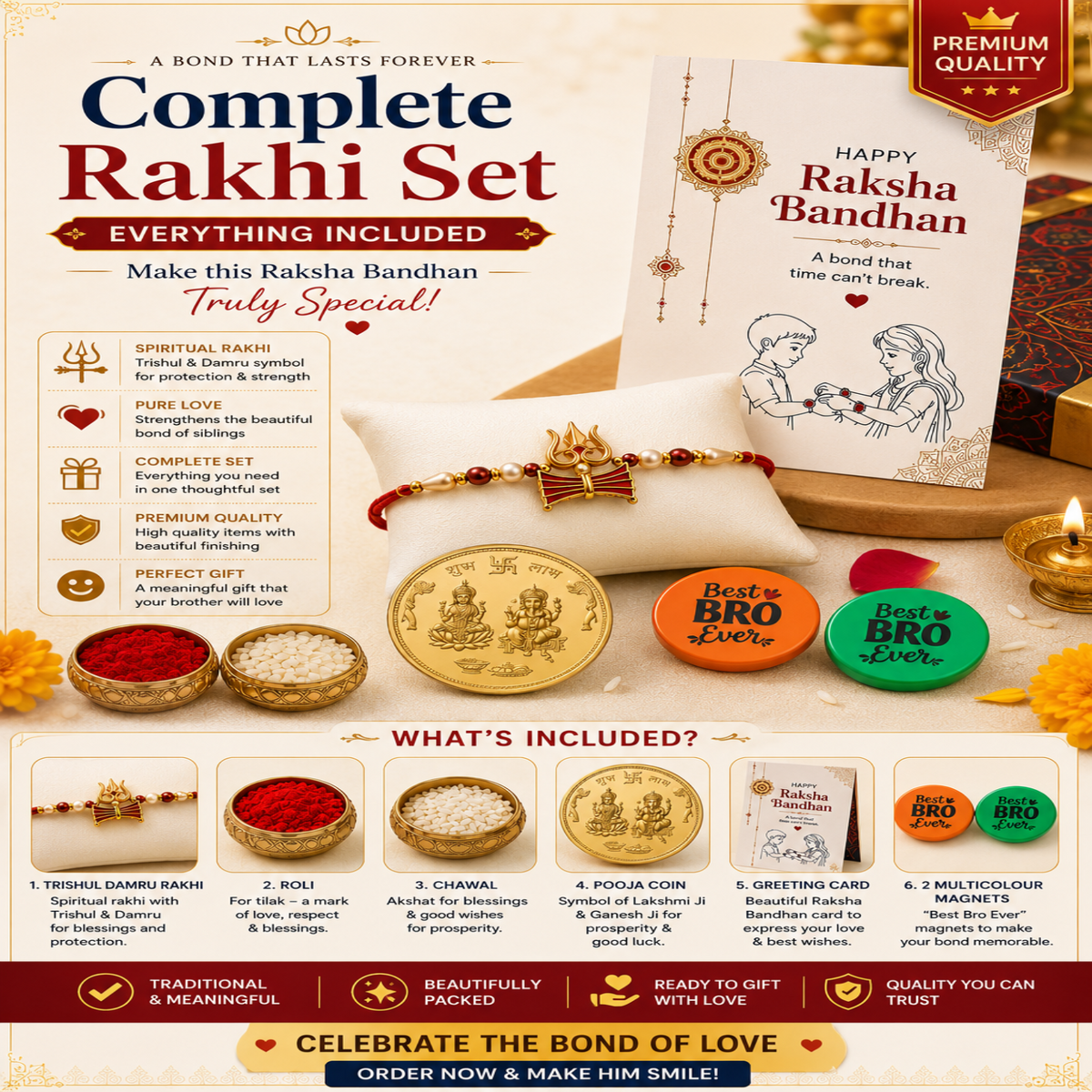 A promotional collage for a 'Complete Raksha Set' gift bundle, showing a gold-plated brass mala, a gold-toned pendant, a red beaded bracelet, a white greeting card, and several small gift items like a red and green 'Best Bro Lover' button, a marigold flower, and a brass lamp. The layout includes text callouts of what is included and product descriptions on a white background with decorative red and gold accents.
