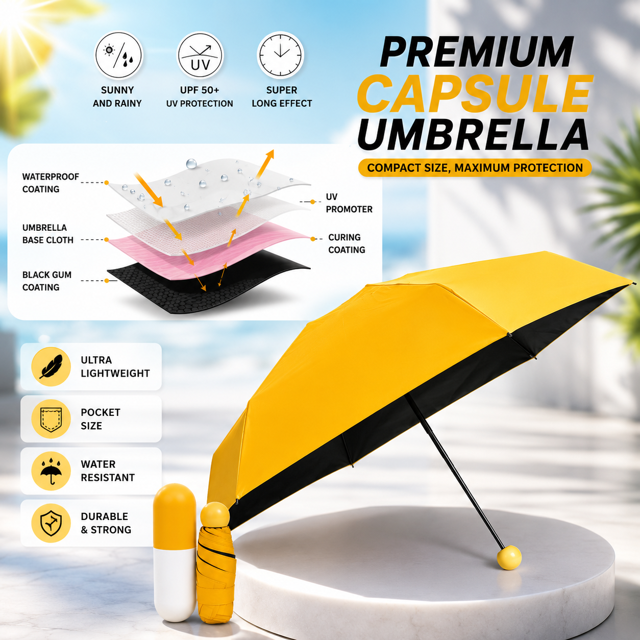 Foldable travel umbrella in assorted colors designed for office, school, shopping, and outdoor use.