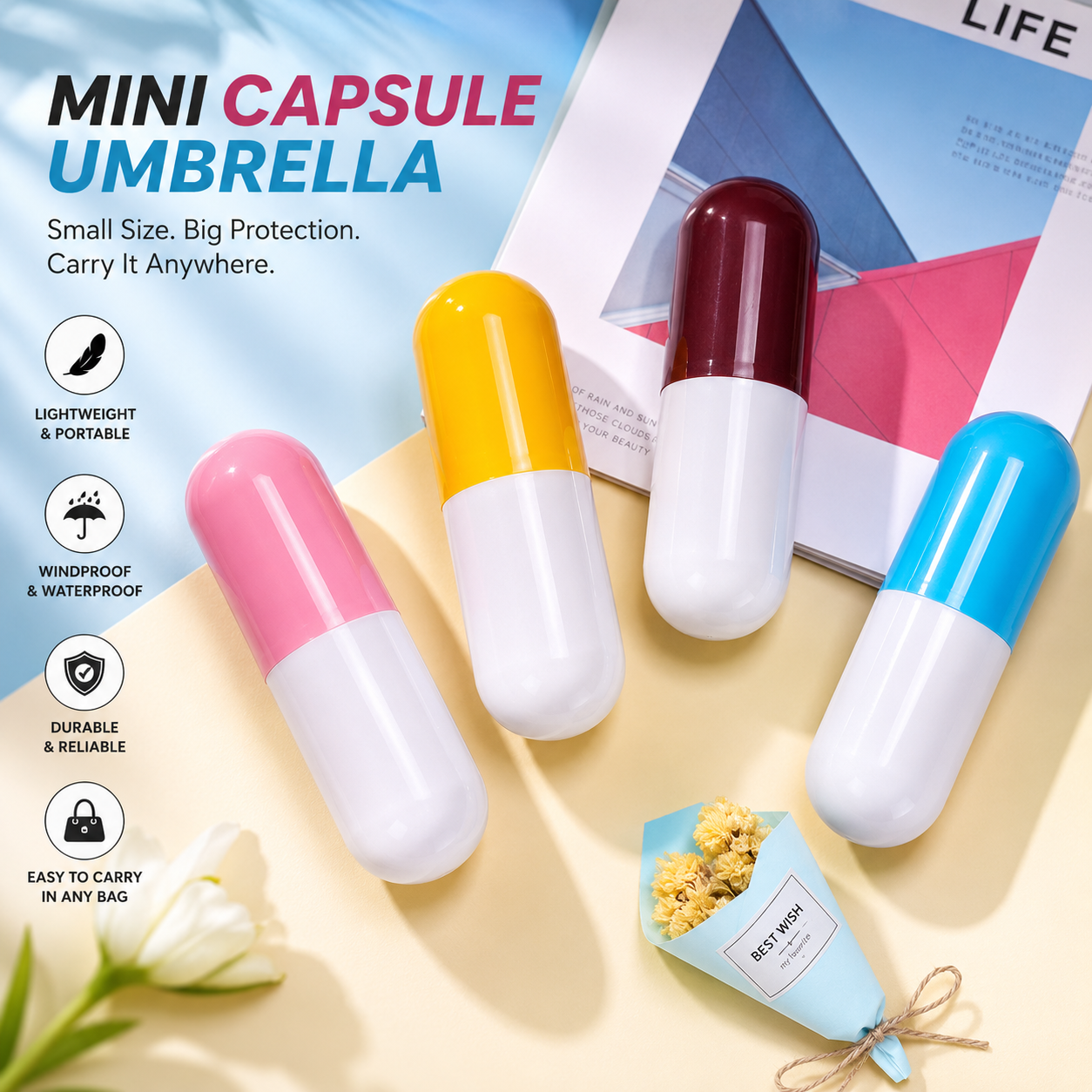Lightweight mini folding umbrella that fits easily into handbags, backpacks, and travel luggage.