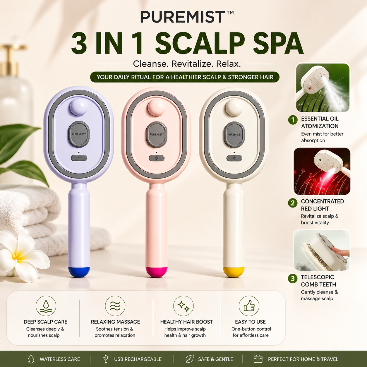 A promotional graphic for the PUREMIST 3-in-1 Scalp Spa, showing three handheld device models in lavender, blush pink, and white with blue, pink, and yellow accents. The background is a soft, warm beige with decorative white flowers and towels, accompanied by feature callout icons and text detailing the essential oil atomization, red light therapy, and comb teeth functions.