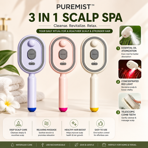 A promotional graphic for the PUREMIST 3-in-1 Scalp Spa, showing three handheld device models in lavender, blush pink, and white with blue, pink, and yellow accents. The background is a soft, warm beige with decorative white flowers and towels, accompanied by feature callout icons and text detailing the essential oil atomization, red light therapy, and comb teeth functions.