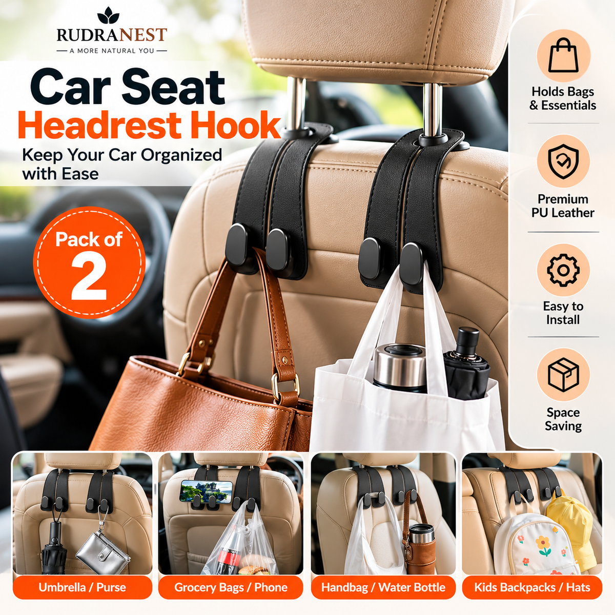 Rudranest Car Seat Headrest Hook set shown installed on beige car seats, holding bags and accessories. The image includes product text, feature callouts, and small usage examples at the bottom.