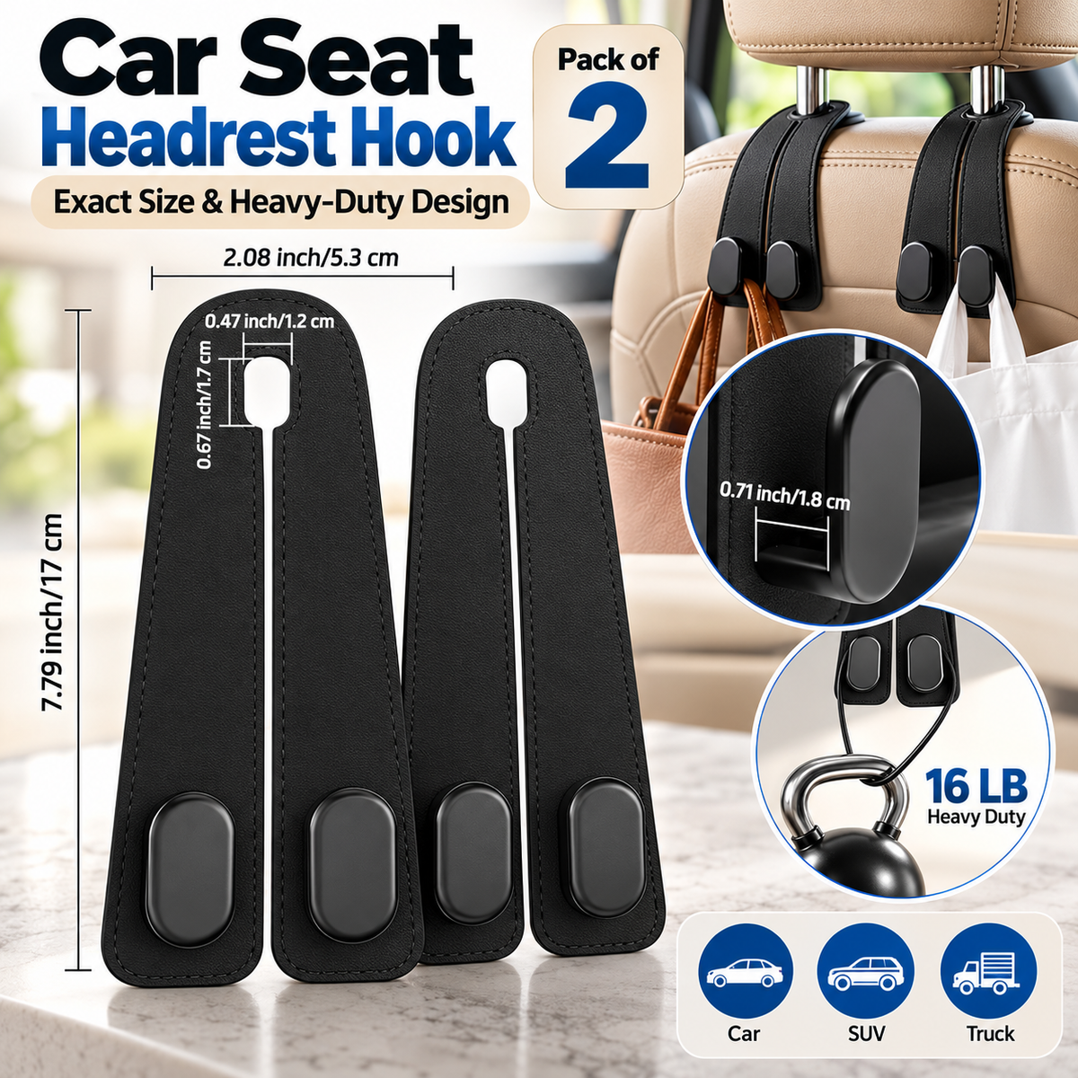 (Pack of 2) Car Seat Headrest Hook | PU Leather Car Seat Hanger for Bags & Essentials