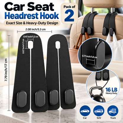 (Pack of 2) Car Seat Headrest Hook | PU Leather Car Seat Hanger for Bags & Essentials