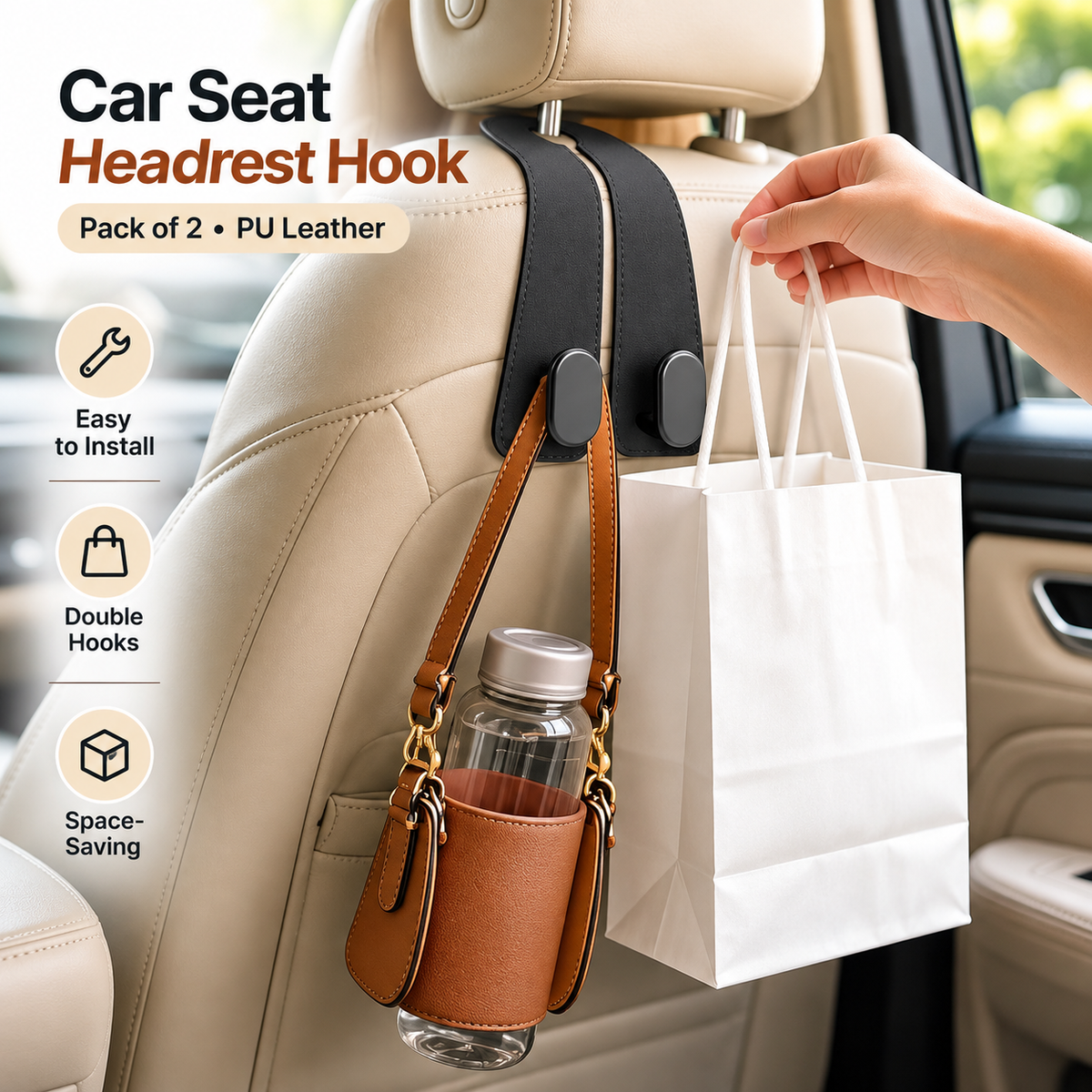 Car seat headrest hook organizer shown installed on a beige car seat inside a vehicle. A hand is holding a white paper bag hanging from one hook, and a brown leather bottle holder with a clear bottle hangs from the other hook.