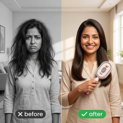 Split-screen before-and-after comparison showing a woman with frizzy, messy hair on the left and smooth, straightened hair on the right while holding a hair styling brush. The left side is grayscale and labeled 'before', and the right side is warm-toned and labeled 'after'.