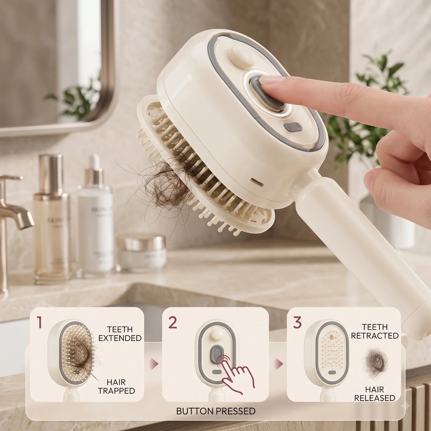 A handheld pet grooming brush with soft bristles and a button-controlled opening mechanism, shown being used by a person in a bathroom setting. The brush is cream-colored with gray trim, and three inset diagrams at the bottom explain how the teeth extend, the button is pressed, and the teeth retract to release trapped hair.