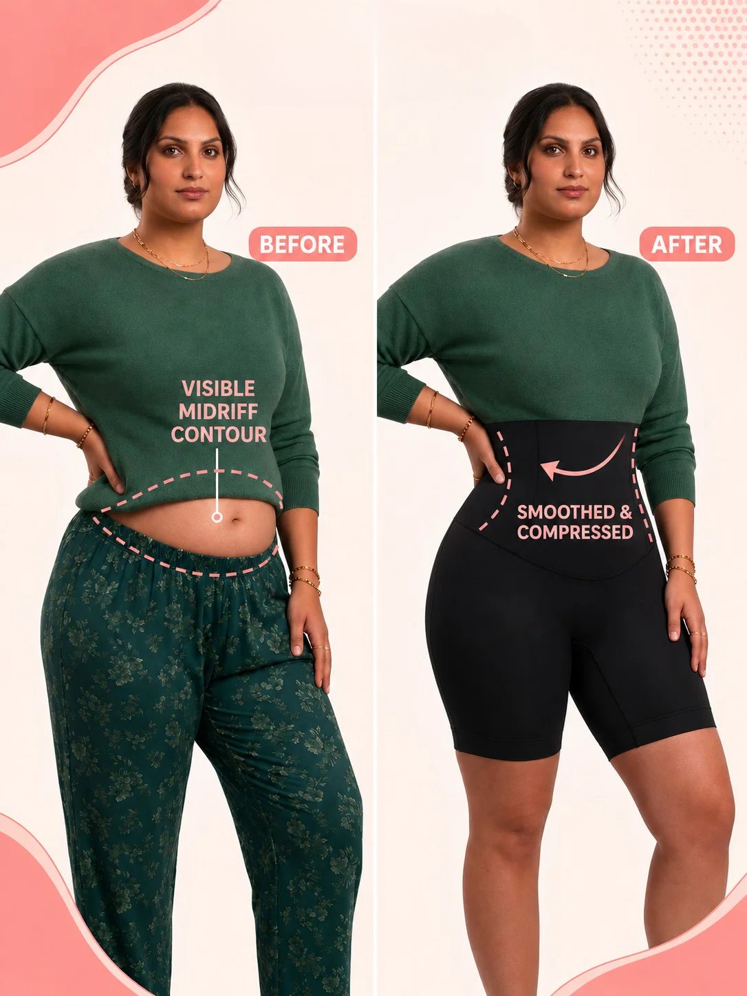 Before-and-after comparison of a woman modeling a green long-sleeve top and dark pants, showing a midriff-tightening or shapewear effect. The left side is labeled BEFORE with visible midriff contour, and the right side is labeled AFTER with smoothed and compressed waist area.