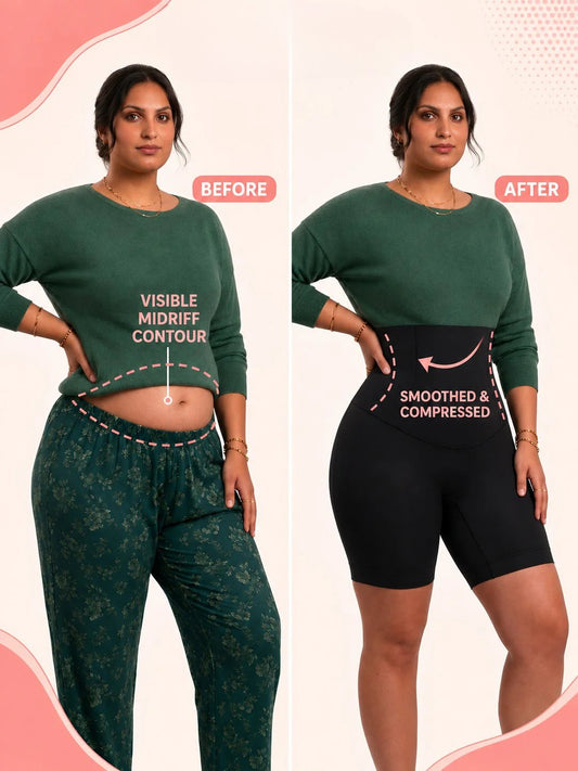 Before-and-after comparison of a woman modeling a green long-sleeve top and dark pants, showing a midriff-tightening or shapewear effect. The left side is labeled BEFORE with visible midriff contour, and the right side is labeled AFTER with smoothed and compressed waist area.
