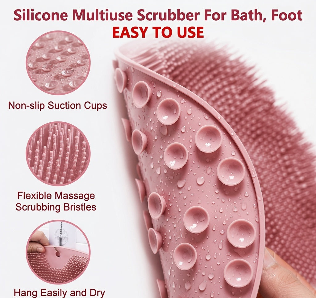 Multi-use silicone bath scrubber designed for body cleansing, foot cleaning, and gentle skin exfoliation.