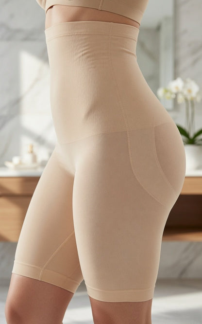 A close-up of a model wearing high-waisted shapewear briefs in a nude beige color, set against a softly blurred bathroom background with marble and white flowers.