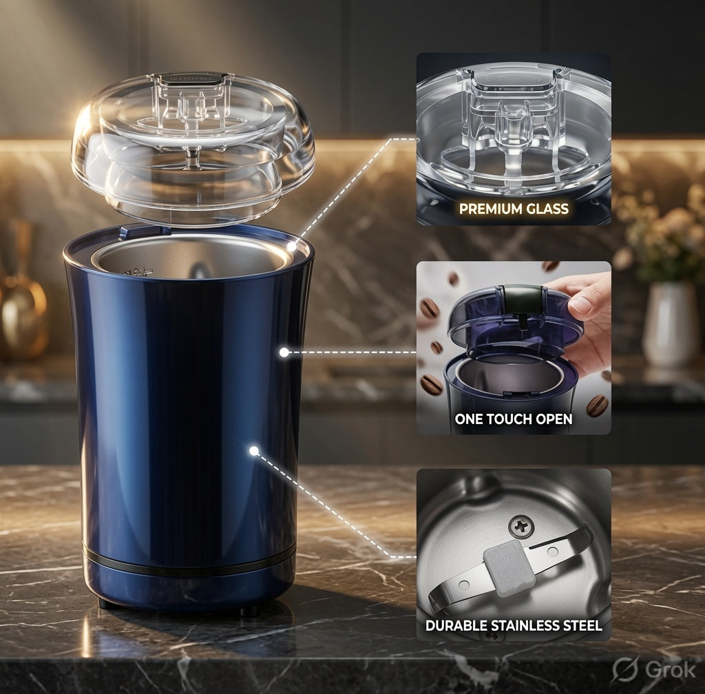 Compact electric spice grinder with stainless steel grinding chamber and one-touch operation.