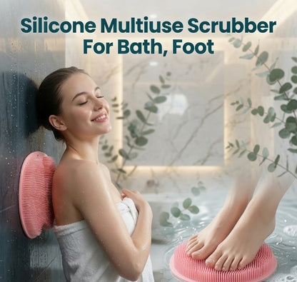 Person using a silicone body scrubber for gentle exfoliation and effective cleaning during a relaxing shower.