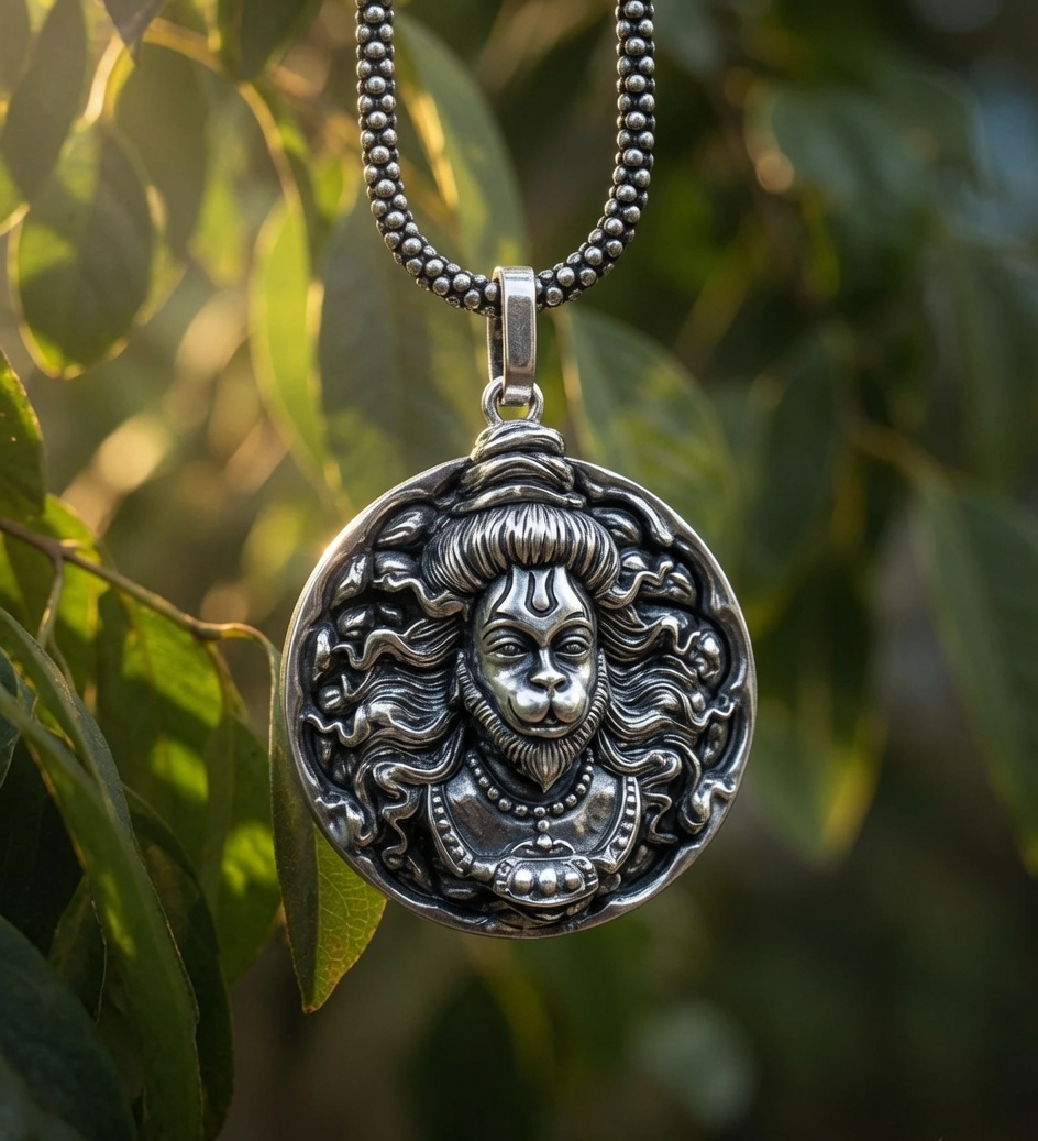 A detailed silver pendant necklace featuring an embossed lion face with a trishul (triple-dot) mark on the forehead, hanging from a beaded chain against a background of green leaves with warm sunlight.