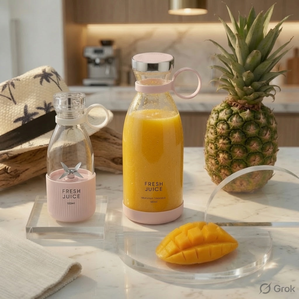 Compact portable personal blender with stainless steel blades for smoothies, fresh juices, and shakes.