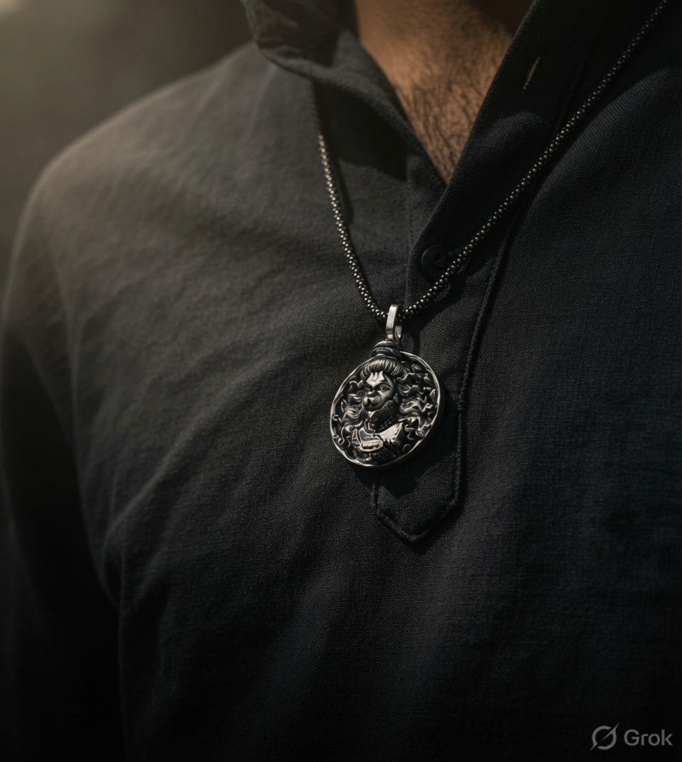 A close-up of a person wearing a detailed silver pendant necklace with a dragon design, hanging from a dark chain over a black shirt.
