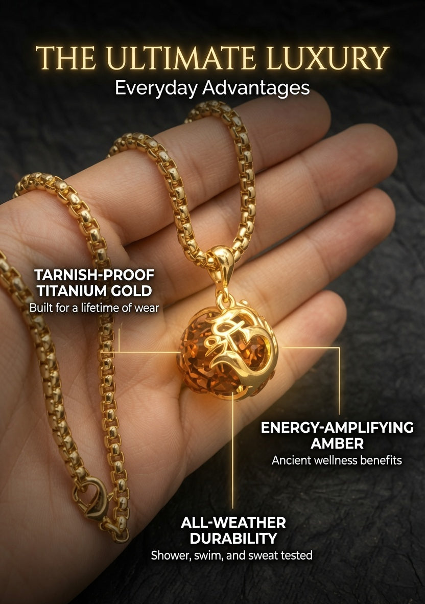 Woman Wearing Om Rudraksha Pendant Necklace with Gold-Plated Chain