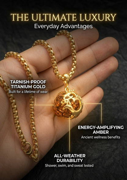 Woman Wearing Om Rudraksha Pendant Necklace with Gold-Plated Chain