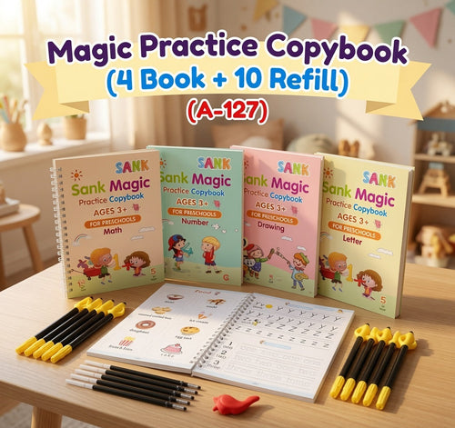Magic Handwriting Practice Copybook Set with 4 reusable books, magic pen, and 10 ink refills for kids' handwriting practice.