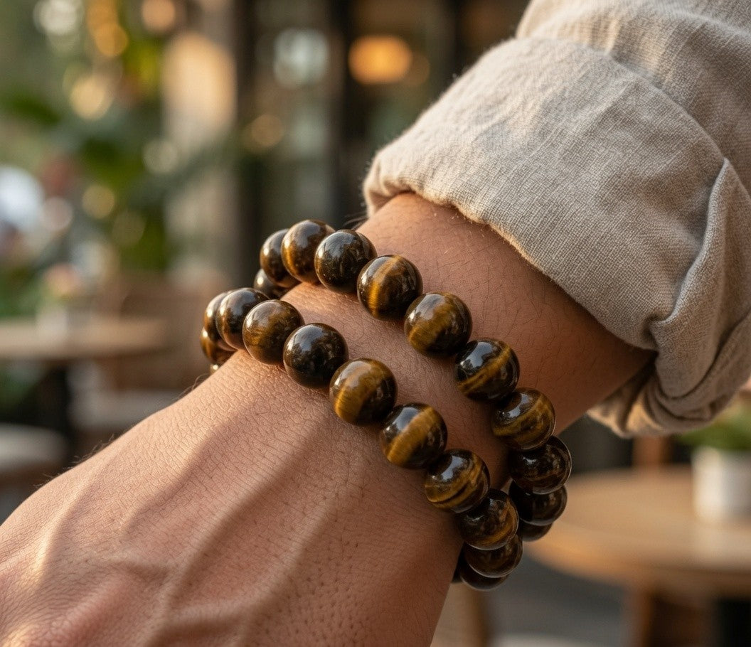 Tiger eye bracelet set styled with casual outfit
