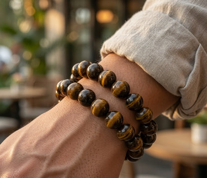 Tiger eye bracelet set styled with casual outfit