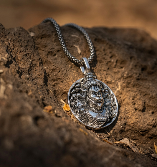A silver-toned pendant necklace with an intricately carved deity face pendant, resting on a textured brown rock outdoors.